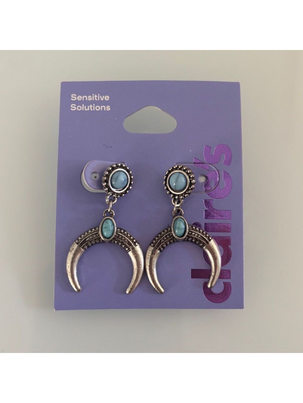 Silver-Tone Faux Turquoise Crescent Moon Drop Earrings